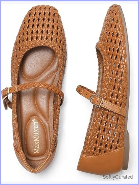 Shoes - Square Toe Mary Jane Ballet Flats Woven Synthetic Leather Comfortable Dress
